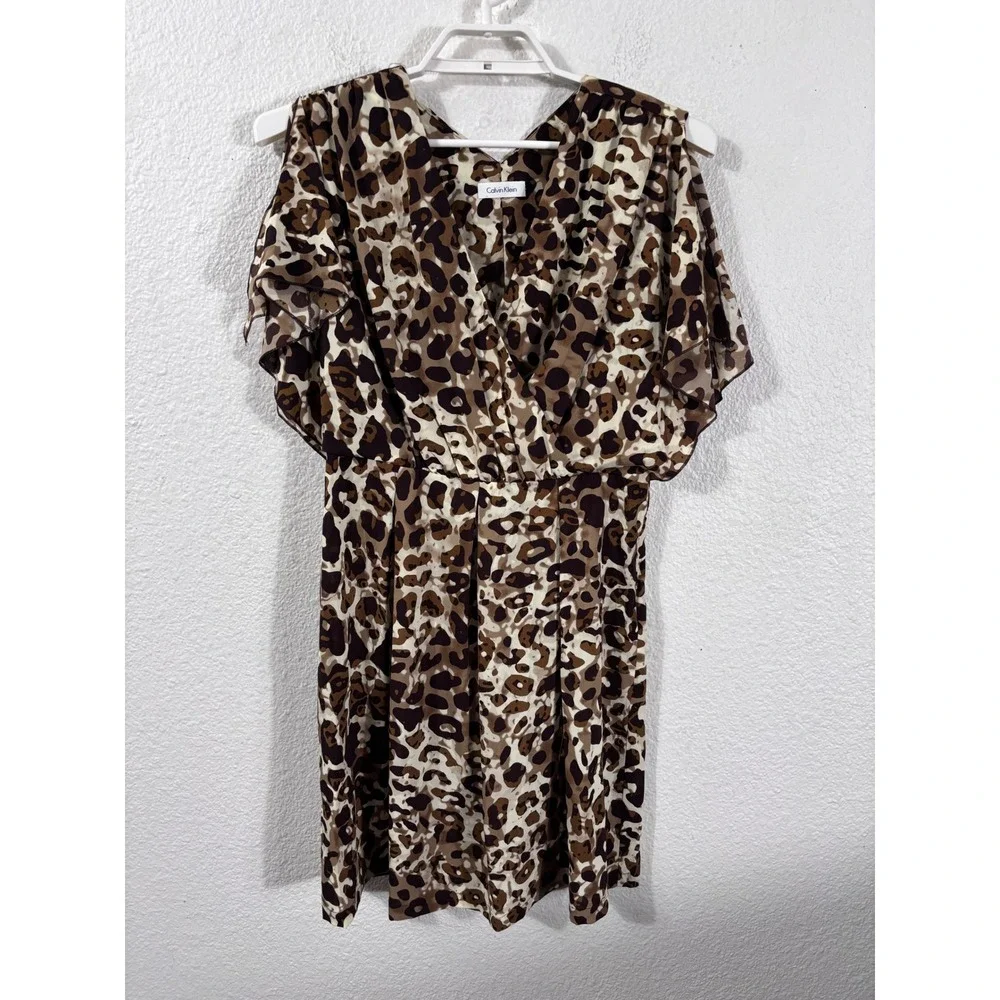 Calvin Klein Sheath Dress Womens‎ M Brown Leopard Print Flutter Sleeve
